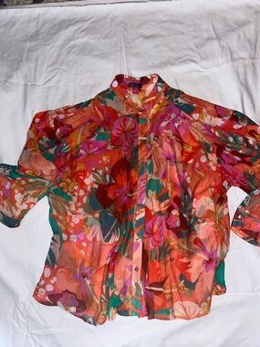 Vince Camuto Multicolor Floral Button-Up Top - Orange, Pink, Brown